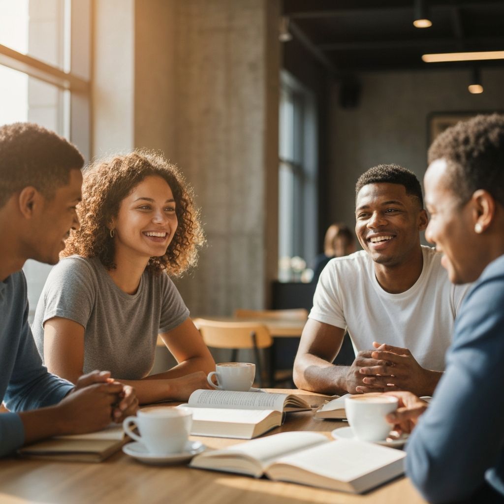 Young adults studying the Bible together
